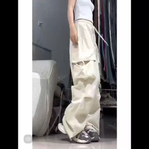 Y2K กางเกงคาร์โก้ผู้หญิง สไตล์เกาหลี กางเกงเอวสูง มีเชือกรูด และสนุกสนานใหม่