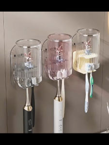 ที่ใส่แปรงสีฟัน ที่วางแปรงสีฟัน โปร่งใส กระต่ายน้อยน่ารัก ชั้นวางแปรงสีฟัน แบบติดผนัง