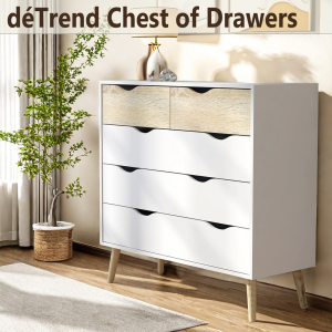 deTrend Nordic Style 4 Drawer Dresser 38 Inch White Bedroom Nightstand with Recessed Handles and Solid Wood Legs for NurseryHallwayLiving Room 5338