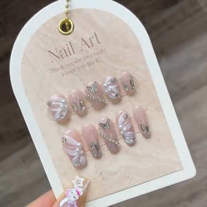 FUNLALA Handmade Artificial Nail Shiny Starry Three-Dimensional Butterfly Hand-Painted Ribbon Light Pink Nude Diamond Gem Phototpy Nails Reusable and Removable Nails