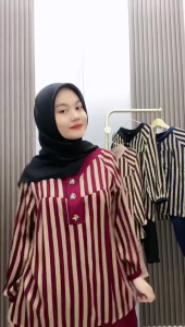 PROMO STELAN SALUR GARIS WANITA DEWASA LENGAN KARET MODEL TERBARU 2024