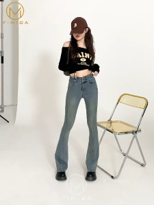 F·MIGA C157 Korean Highwaist Stretch Cutbray Celana Flare Jeans Panjang Wanita - Biru