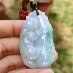 Green with yellow patches Natural Type A Jadeite Jade crafted as Bamboo with Pixiu as Pendant certificate weigh 35.85 grams measurement 52.3 * 31 * 12.2 mm (pendant223)