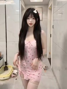 ชุดนอนเซ็กซี่ ชุดนอนสายเอี๊ยมบ้าน ลายเชอร์รี่สีชมพู วัสดุยืดหยุ่นสูง สลิมก็ผอม.