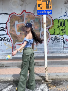 ❣Fortunee ❣ กางเเกงคาร์โก้ทรงตรงสีเขียวทหาร สไตล์วินเทจอเมริกัน สำหรับผู้หญิง เอวสูง ช่วยให้ดูผอมเพรียว