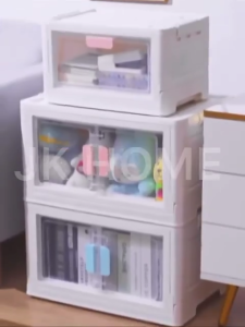 JK HOME Stackable Foldable Large Storage Box Cabinet Organizers | Transparent | Three Side Openings | With Roller