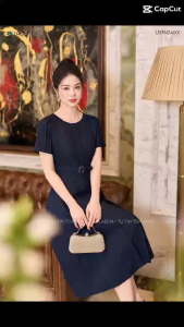 Đầm xòe chiết ly thiết kế cao cấp Laeem Design LD3N24001 chất liệu giả bò dáng xoè cơ bảnDáng xoè cơ bản xếp ly eo giấu bụng tôn dáng