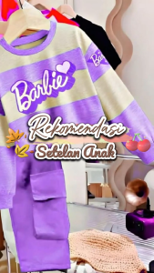 Setelan Anak Perempuan Model One Set Cargo Salur Motif Barbie Usia 1-8 Tahun - Fashion Anak