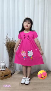 Baju Pakaian Anak Cewek Perempuan Dress Kaos Katun Usia Tanggung 3 4 5 6 7 8 Tahun Bordir Kucing