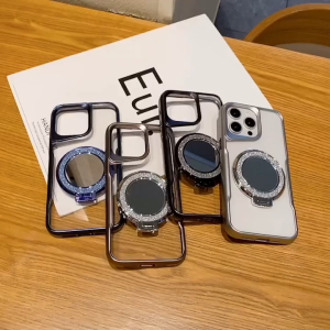 Premium Makeup Mirror Magnetic Bracket Armor Case for IPhone 11 12 13 14 15 Pro Max Transparent Metalic Plating Shockproof Bumper Cover