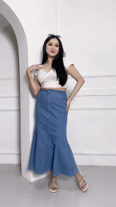 Mermaid Midi Skirt Rok Duyung Wanita Casual Jeans Kancing Karet