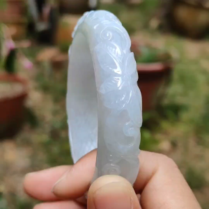 Light Lavender Natural Type A Jadeite Jade crafted with Pattern of Flowers with shape of Peace Bangle Bracelet  certificate weigh 60.82 grams measurement 14 * 8.6 mm Bangle Wrist Size: 56.5 mm (bangle6)