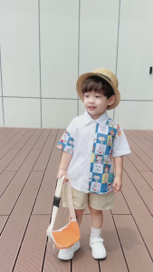 BE191 Bộ quần áo sơ mi BERNIE áo sơ mi hoạ tiết quần đùi Kaki cá tính cho bé trai