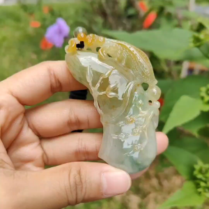 Very Rare Green and Yellow with Red patches Praying Mantis Pendant Necklace Natural Type A Jadeite with certificate included weigh 53.96 grams 72.5 * 35.5 * 12.8 mm collectible item