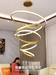 Lampu Hias Gantung 5RING(100+80+60+40+20cm) Mewah Ruang Tamu Ruang Vila Hotel Pernikahan Pendant Light LED 3 warna Modern Gold Minimalis Remote Control YUR