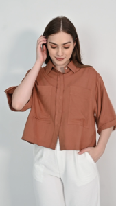 QUEENTIN Kemeja Wanita Crop 0187 Rayon Viscose Polos Lengan Siku 3/4