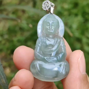 Premium Icy Good Translucency Green Hue Natural Type A Jadeite Pendant Necklace crafted as Buddha with certificate weigh 8.65 grams 42.5 * 23.8 * 5.8 mm collectible jadeite suitable for daily wear