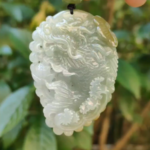 Tea Green Yellow Natural Type A Jadeite Pendant Carved as Dragon Head Fish Body meaning Prosperity wealth and happiness with certificate weighs 49.67 grams 62.60 * 43.50 * 12.10 mm (pendant93)
