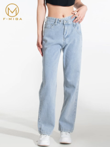 F·MIGA C22 Highwaist Korean Straight Baggy Jeans Celana Panjang Denim Wanita - Biru