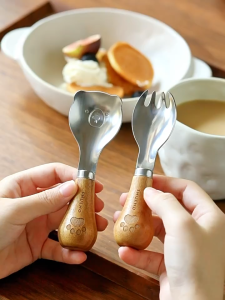 SHUEHO Kids Wooden Handle Fork Spoon Cutlery Set Standable Wooden Cutlery Wood Non Slip Handle Stainless Steel Kid Spoon