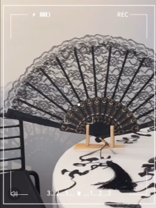 Chinese style Personal Folding Single Layer Lace Hot Stamping Hollow Plastic Bone Pendant Hand Fans For Wedding Handfan Custom Bone