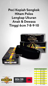 WADIMOR Kopiah Peci Beludru Hitam Pria Lengkap Ukuran Anak Dewasa Tinggi 6 | 7 | 8 | 9 | 10 | 11 Cm