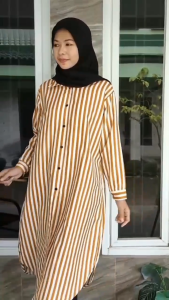 Atasan Wanita Kekinian Viral Import / Kemeja Tunik Salur Katun / Blouse Remaja Sesil Salur Lengan Balon Kerut