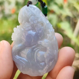A Lavender with spread of brown and green patches Natural Type A Jadeite Jade Pendant Crafted with deer and flower certificate weigh 24.4 grams measurement 51.5 * 33.7 * 7.8 mm (pendant192)1
