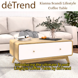 deTrend KIANNA Modern Coffee Table with Open Storage Meja Kopi Side Table Scandi Lifestyle Coffee Table/39 Inch Coffee Table with Solid Wood Legs-8227
