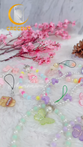 Strap Lanyard Tali Gantungan Gelang HP Phone Charm Handphone Device Kamera Tas Handmade Macaron Candy Lanyard Full Warna Korean Style Black Pink Estetik Bracelet Beads Butterfly Smile Pearls Mutiara Ribbon Pita Flower Bunga Heart Hati Choco Karakter