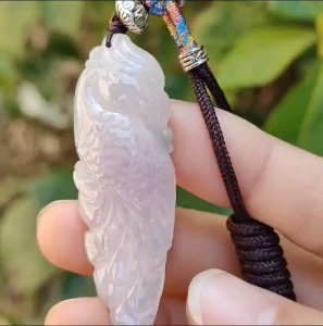 Rare Pinkish Light Lavender Hue Natural Type A Jadeite Pendant Necklace crafted as Parrot symbols of Wise and brave heroic with certificate weigh 11.33 grams 51.3 * 17.8 * 8.6 mm mid-year offer and suitable for daily wear or collections (pendant28)