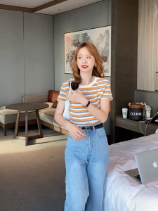 Korean style Striped short-sleeved t shirt for woman summer all-match fashion T-Shirt tops