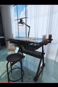 Drafting Glass Table with Extra Side Table Drawers and Leather Padded Stool