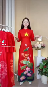 Áo Dài cờ in hoạ tiết trống đồng sen dưới tà hàng mới