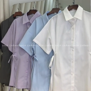 [KO KÈM QUẦN] Áo sơ mi nữ A.640 Áo sơ mi cổ đức dáng vừa tay ngắn có dây buộc eo tôn dáng 6 màu basic - Shop Chấm Bi