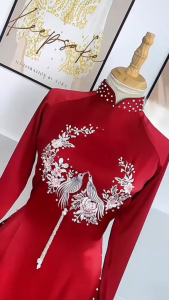 Áo dài cưới áo dài dâu đỏ 2 tà truyền thống chất lụa ngọc trai họa tiết thêu tỉ mỉ trang trọng-Áo dài Nàng Mây