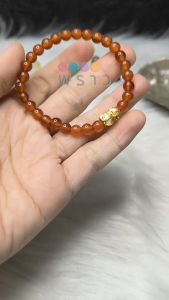 “พราว” สร้อยข้อมือ หินคาร์เนเลี่ยน (Carnelian) 🧡🧡 ขนาดหิน 6 มิล + ปี่เซี๊ยะชุบทองหลังคริสตัล ขนาดยาว 1.2 ซม. เรียกทรัพย์และเสริมความมั่งคั่ง