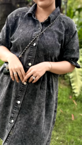 Medium Grey Mineral Wash Ruffled Short Sleeve Buttoned Denim Dress (KS786546) - Big Size (50-90kg)