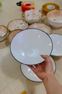 Tô sứ Trắng viền đen Bát ăn phở mỳ miệng loe 20 cm sứ sương sang trọng