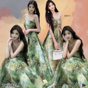 TW20821 เดรสยาวเกาะอกซิปด้านหลัง พิมพ์ลาย ..