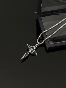 TOP MEN PH 2025 Mens Stainless Steel Necklace Cross Pendant with Lace Pointy Stake Style Kpop Fashion Casual Wear Mens Accessories School Season