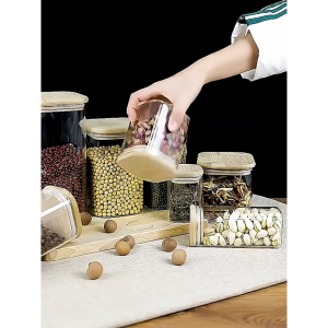 Hũ Thủy Tinh Vuông Hộp Lọ Thủy Tinh Vuông Nắp Gỗ 210-1950ml Đựng Thực Phẩm Đồ Khô Ngũ Cốc-NIEVE