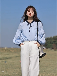 พร้อมส่ง : เสื้อเชิ้ตผูกโบว์คอแขนโคมไฟ [G35]