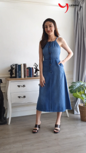 แม๊กซี่เดรสยีนส์ Maxi Dress jeans Leonine แซกยีนส์ยาว  เดรสยีนส์ยาว เดรสยีนส์ ชุดยีนส์แฟชั่น ชุดเดรส J6009 Fee Sizeสีอ่อน