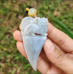 Bluish Light Lavender Natural Type A Jadeite Pendant crafted as Dragon Teeth with Pixiu and Ruyi the symbols of Wealth and good luck certificate weighs 27.63 grams 67.3 * 33.2 * 7.8 mm very suitable for daily wear (pendant58)