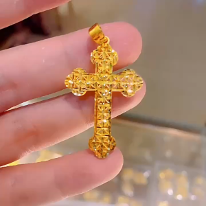 24K Saudi Gold Pawnable Lucky Cross Pendant with Collar Necklace