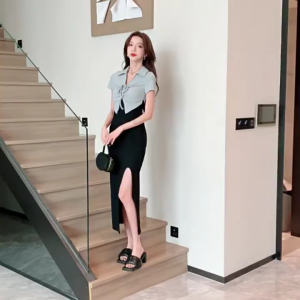 korean plain black midi polo dress for woman plus size sage green formal bodycon dress with slit 2xl
