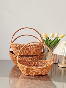 Romantika Round Woven Basket Gift Hamper Box 3 Size Storage Box Flower Arrangement Rattan Imitation Handle Bakul Anyaman Bakul Bunga