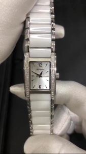 ADRIATICA Swiss Made Elegant Watches Rectangle Silver White Swarovski Case Womens Ceramic Band Watch 22mm A3398.C153QZ