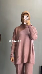 F&R Oneset Dita Atasan Wanita Turtleneck Lengan Kancing Setelan Celana Kulot Rajut Premium Wanita Kekinian